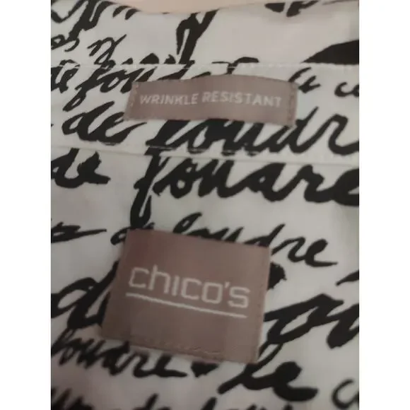Chico’s Script Print Blouse Black White Button Front Lightweight Top 2/Large - Picture 5 of 5